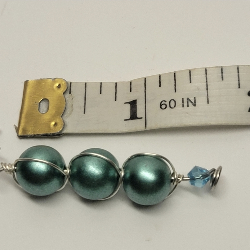 Handcrafted Silver and 3 Green Faux Pearl and Blue Bicone Earrings - Picture 6 of 6